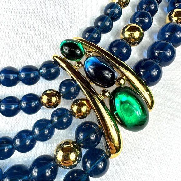 Vintage signed Napier multi-strand statement necklace blue, gold & green beads - Picture 3 of 11